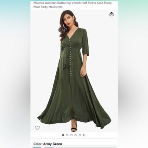 V neck. Army green.  Button up.  3/4 sleeves. Maxi dress.  Rayon.  Size L